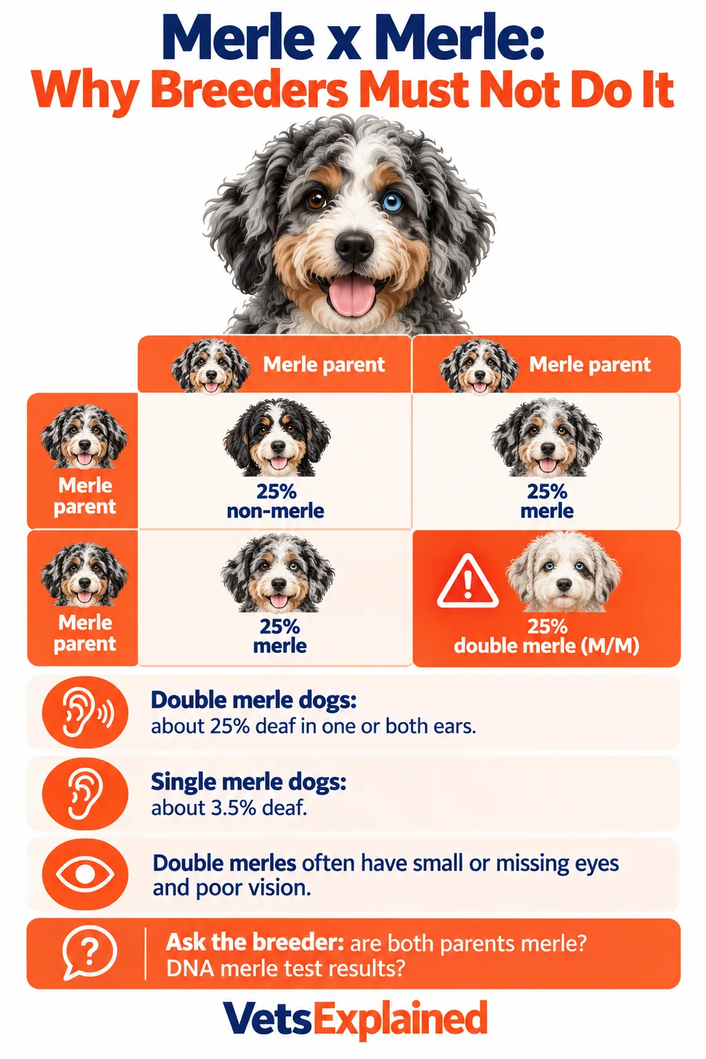 Infographic showing why merle should never be bred to merle: a 2x2 inheritance grid with 25% double merle puppies, who have about 25% deafness and often small or missing eyes, compared with about 3.5% deafness in single merles